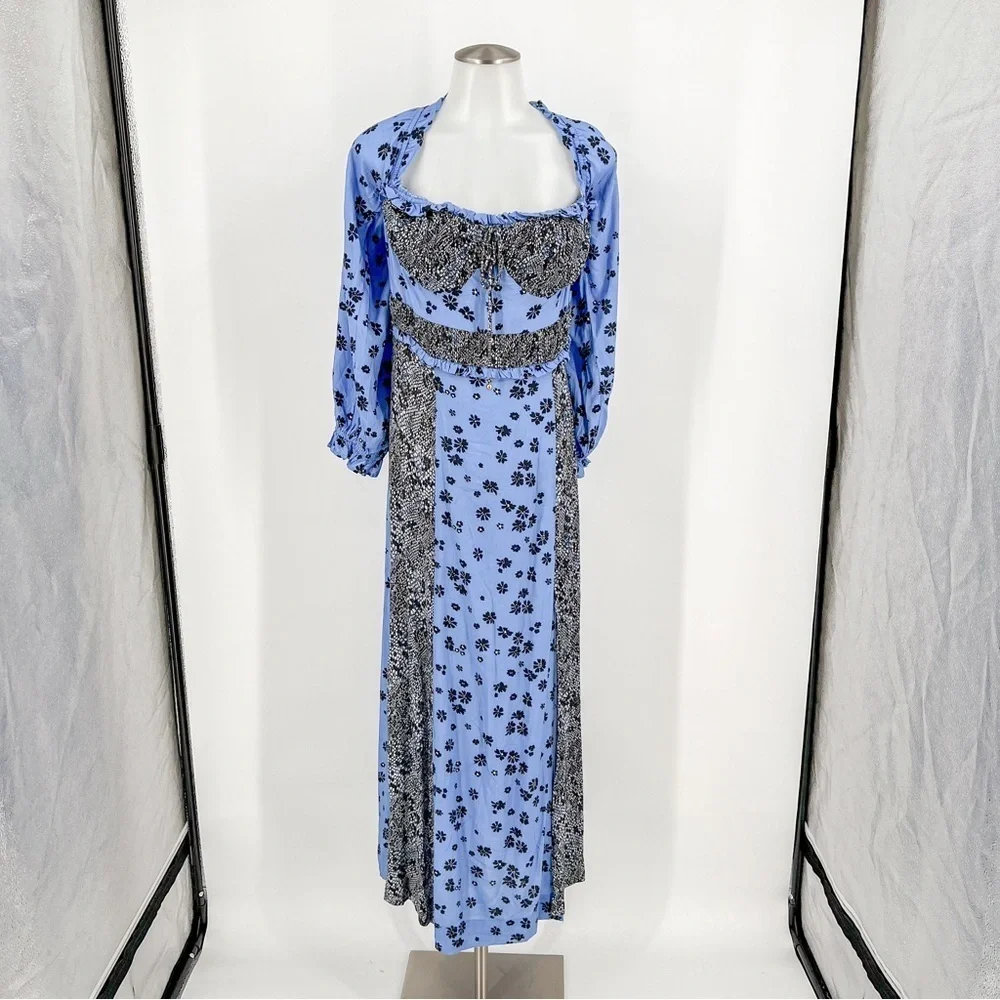 NWT Free People Tigerlily Long Sleeve Maxi Dress Blue Boho Vacay Relax